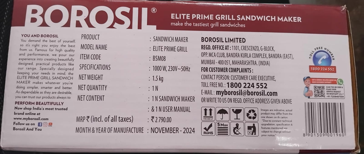 AM3638 Borosil Elite Prime Grill 1000 Watt Sandwich Maker for Kitchen