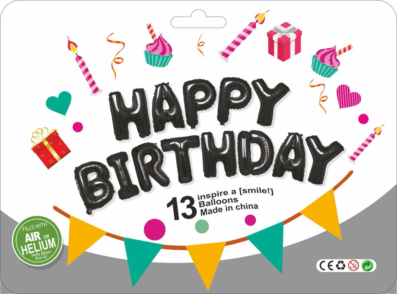 AM7252 13-Piece Black Foil "HAPPY BIRTHDAY" Letter Balloon