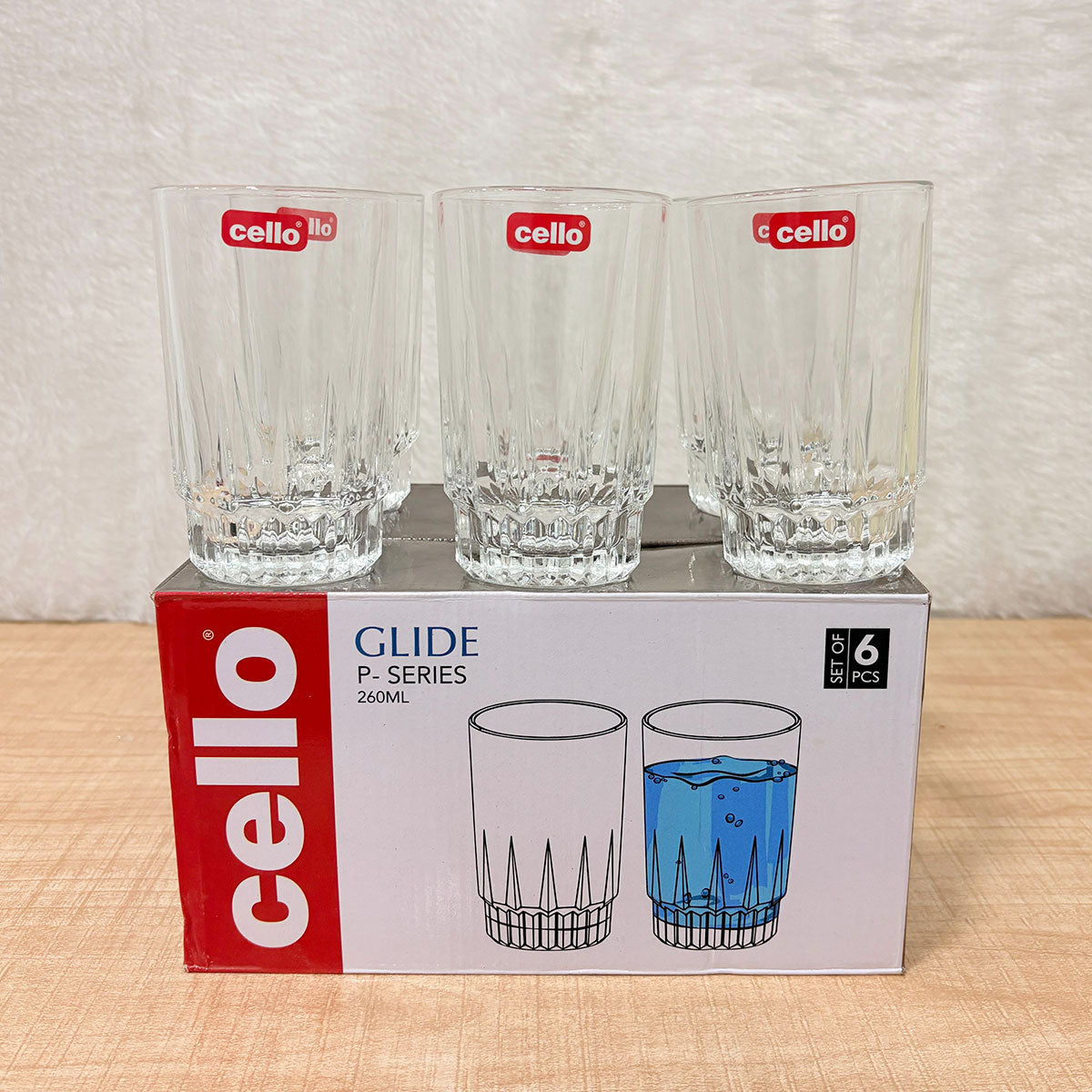 AM6608 Cello Glide P-Series Glass Tumbler Set, 260ml (Set of 6)
