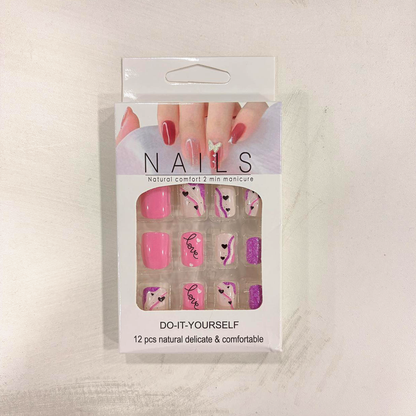 TM0167 Mix-Design Pink & Purple Heart Pattern Press-On Nail Set (12-Piece)