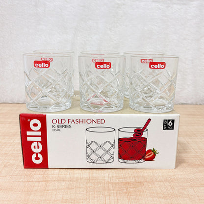 AM6600 Cello K-Series Old Fashioned Glass Tumbler Set, 215ml (Set of 6)