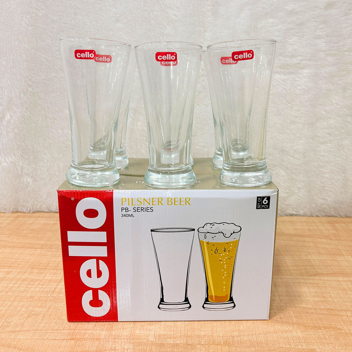 AM6596 Cello Glassware Pilsner Beer Glasses, PB-Series, 340ml (Set of 6)