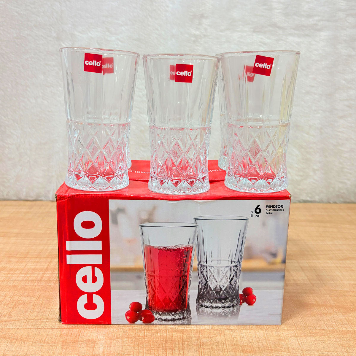 AM6575 Cello Windsor Glass Tumbler Set, 245ml (Set of 6)