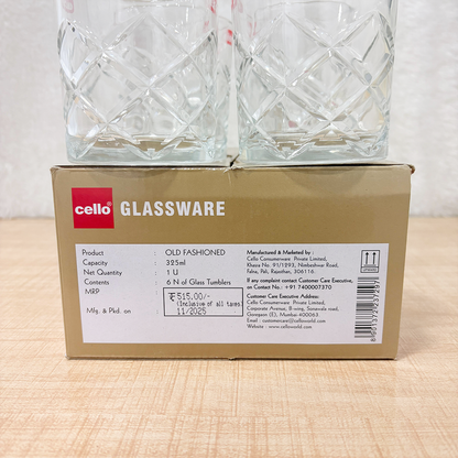 AM6561 Cello Glassware Old Fashioned K-Series Glass Tumblers (325ml, Set of 6)