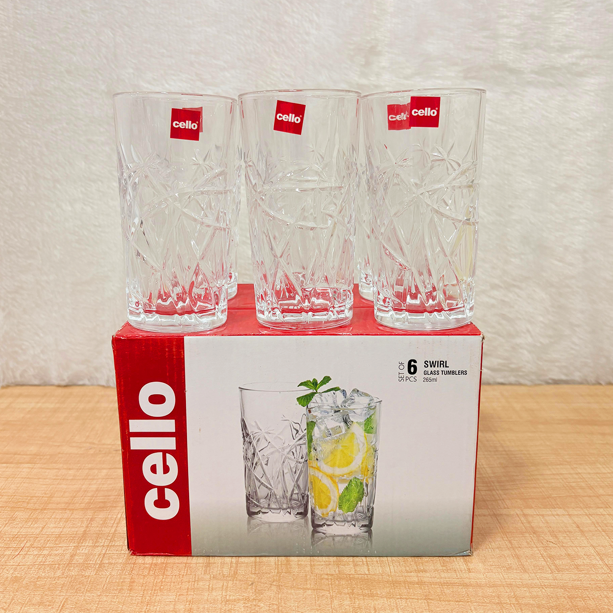 AM6545 Cello Swirl Glass Tumbler Set – 265ml, Set of 6
