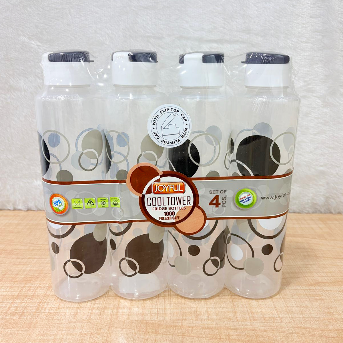 TM0174 Joyful Cool Tower 1000ml Fridge Bottles with Flip-Top Cap (Set of 4)