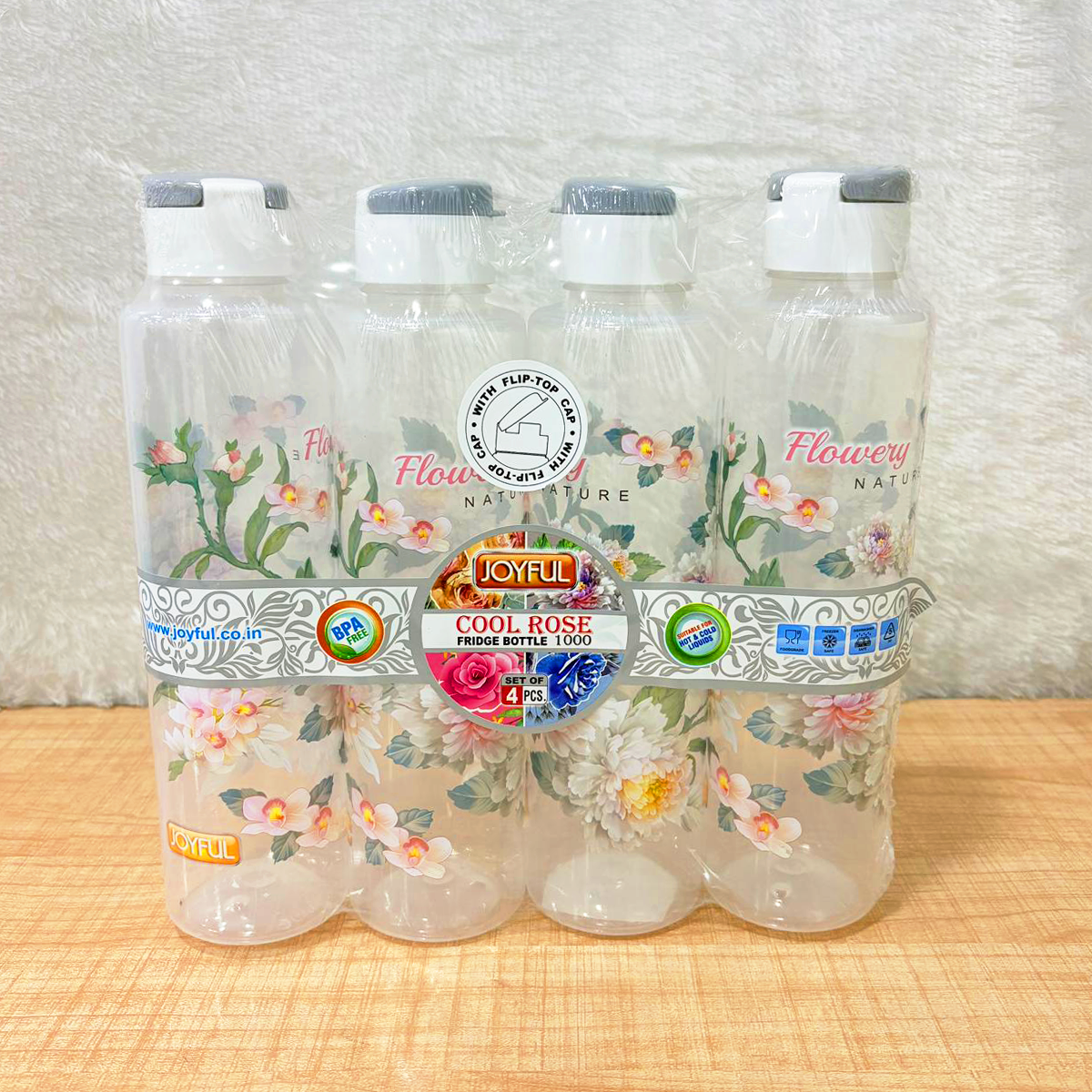 TM0173 Joyful Cool Rose 1000ml Fridge Bottle with Flip-Top Cap (Set of 4)