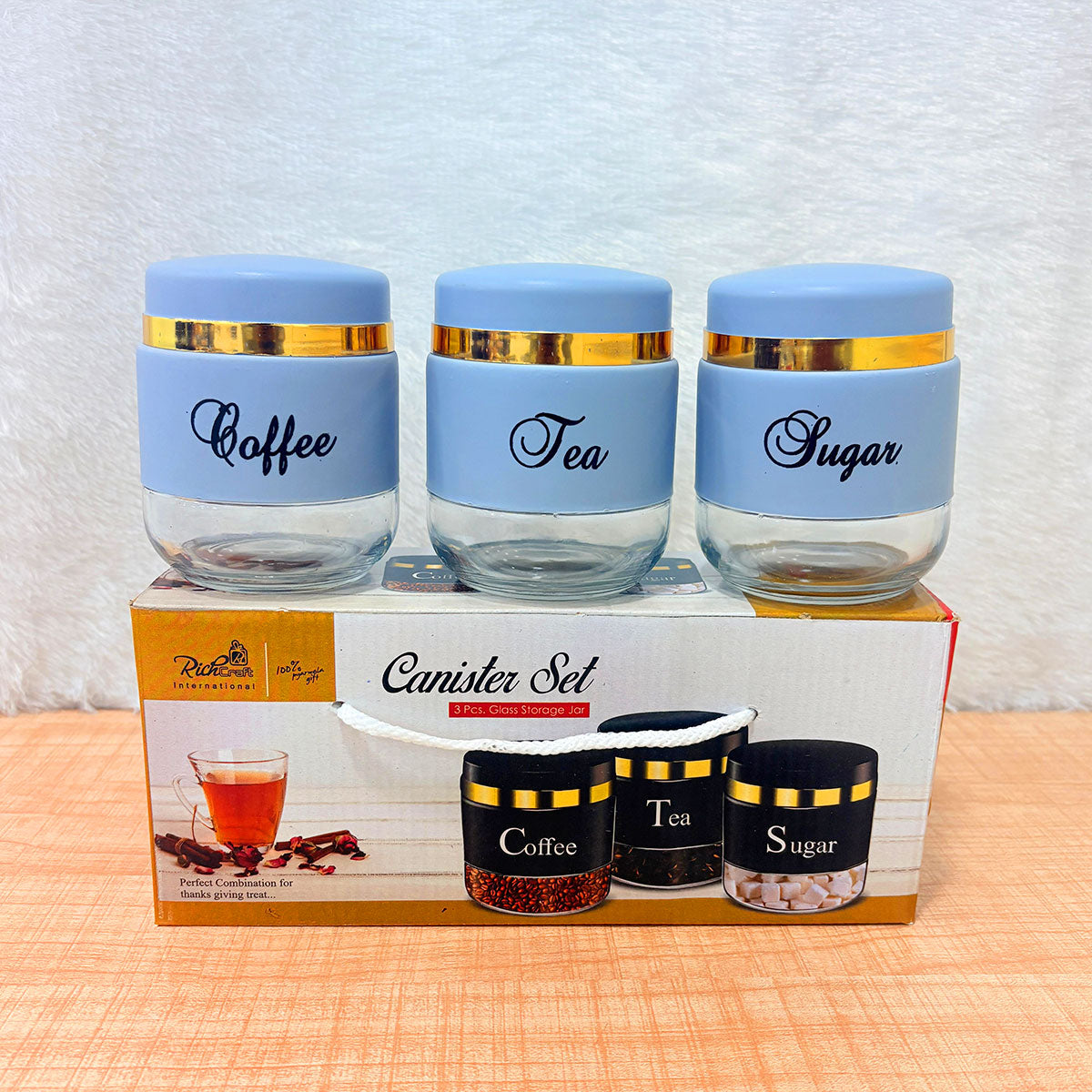 TM0079 3-Piece Glass Coffee, Tea & Sugar Canister Set – Powder Blue & Gold