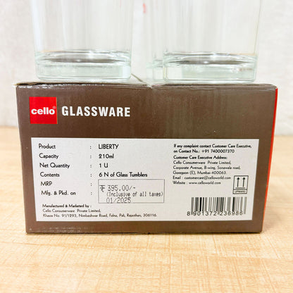 AM6576 Cello Liberty P-Series Glass Tumbler Set - 210ml (Pack of 6)