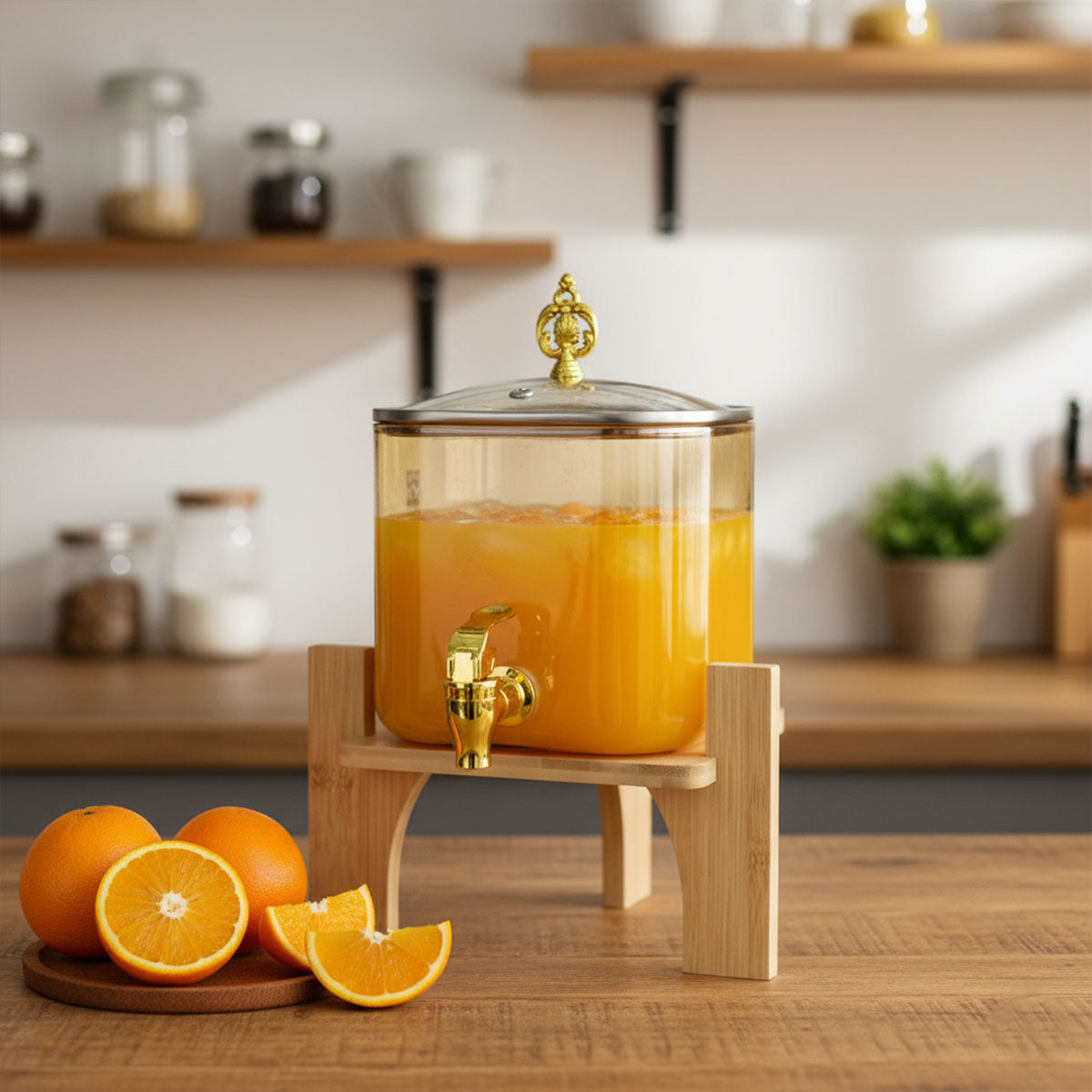 AM6275 High Borosilicate Glass Juice Dispenser with Wooden Stand – 1 Pc