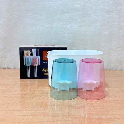 AM6480 2 Glass Toothbrush Holder with Dual Cups and Organizer