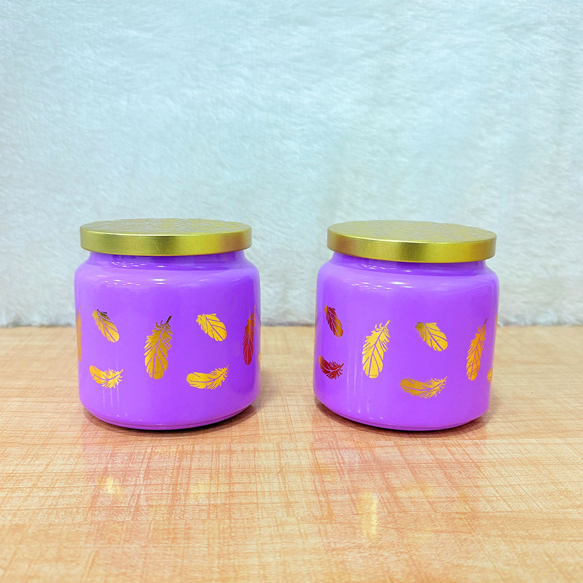 TM0077 Wonder Lime Green Feather Design Decorative Jar with Gold Lid - 2pc