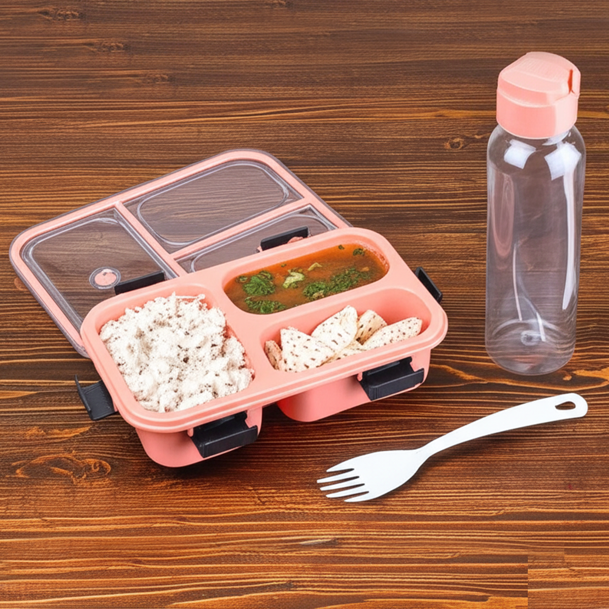 AM5603 Tokyo 3 Compartment Plastic Lunch Box with Water Bottle for Boys, Girls, School & Office Men
