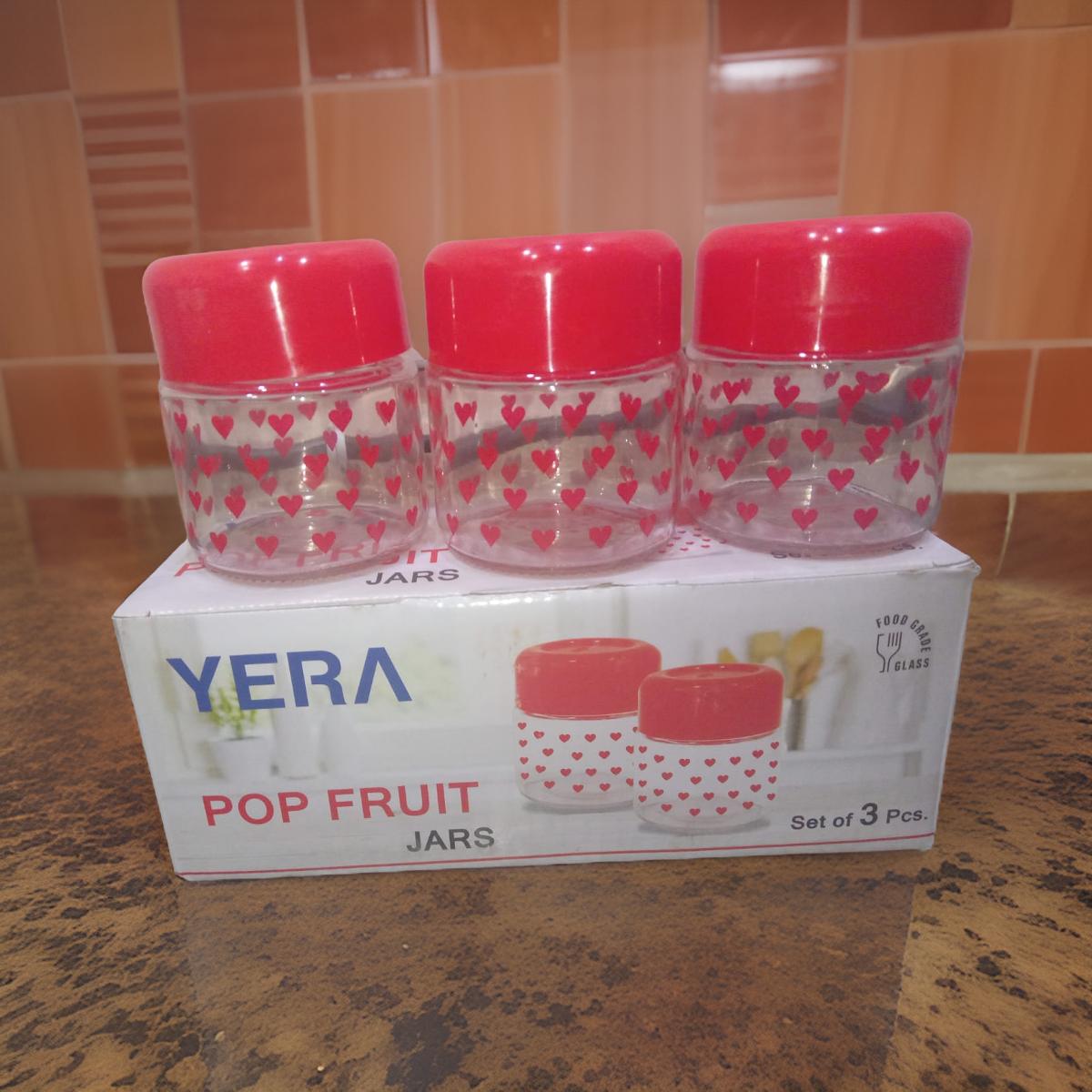 3568 YERA Pop Fruit Printed Glass Jar with Lid Set, 280ml, Pack of 3