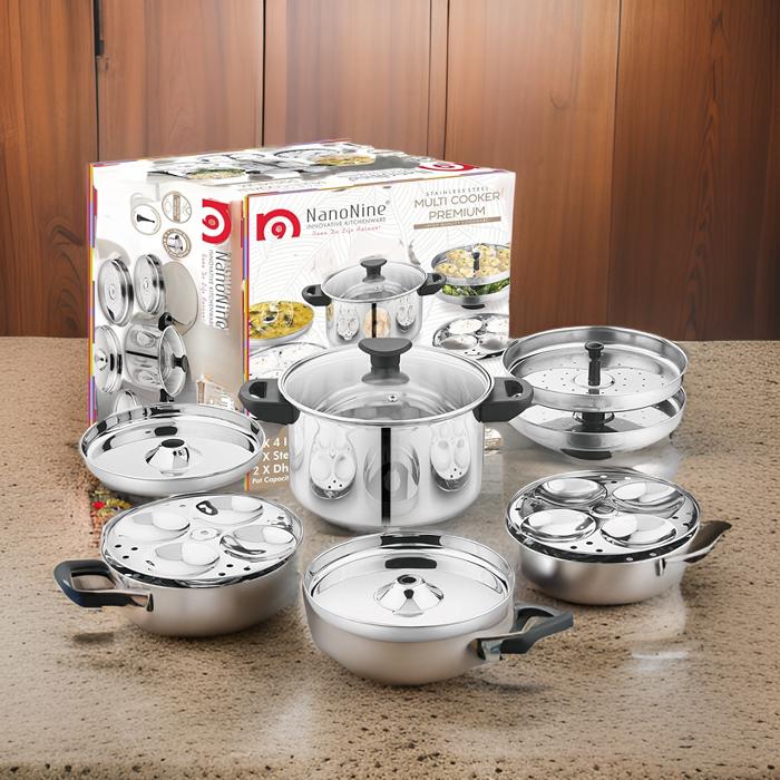 AM2232 NanoNine Stainless Steel Multi Cooker, Idli/Dhokla/Momos Maker & Steamer (16idlis,2 Patra Plates, 1 Mini Idli Plate)
