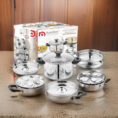 AM2232 NanoNine Stainless Steel Multi Cooker, Idli/Dhokla/Momos Maker & Steamer (16idlis,2 Patra Plates, 1 Mini Idli Plate)