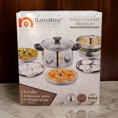 AM2232 NanoNine Stainless Steel Multi Cooker, Idli/Dhokla/Momos Maker & Steamer (16idlis,2 Patra Plates, 1 Mini Idli Plate)