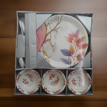 AM3099 Melamine Dream Dinner Set High Quality plastic Dinning Dinner set with Unique Flower Design Printed, 6 pc Plates, 6 pc Bowls and 6 pc Serving Spoon, Lightweight Round Plates and Bowls, Microwave, and Dishwasher Safe Set Of 18 Piece