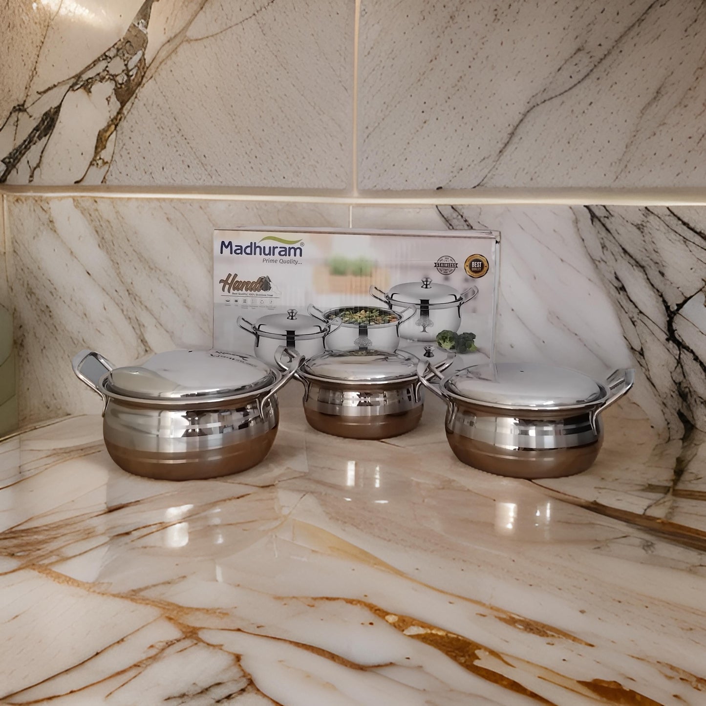 AM3112 Madhuram Prime Quality Silver Handi Stainless Steel 3 Piece