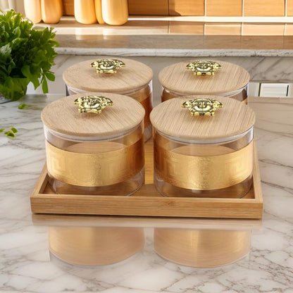 AM2546 Borosilicate Airtight Jar YJS3316 with Gold Decal Wooden Tray Set of 4 Pcs