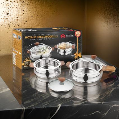AM2234 NanoNine Royal Steelwood Double Wall Insulated Stainless Steel Casserole with Glass Lid, 1.24 L & 750 ml, 2 pc