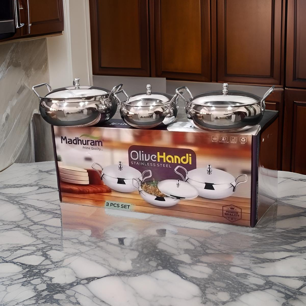 AM2952 Madhuram Prime Quality Olive Handi Stainless Steel With Handle 3 Pcs Set