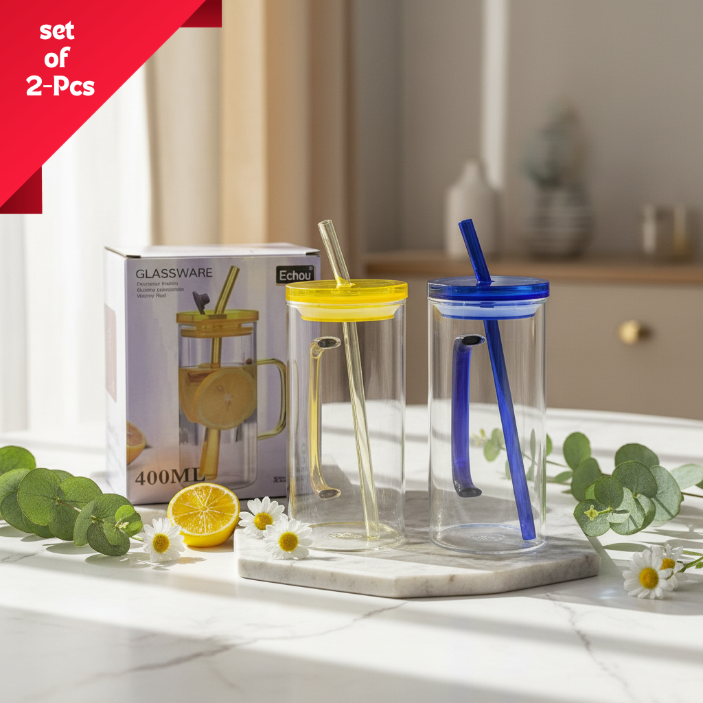AM7704 400ml Borosilicate Glass Tumbler with Handle, Lid, and Straw (2-Piece Set)