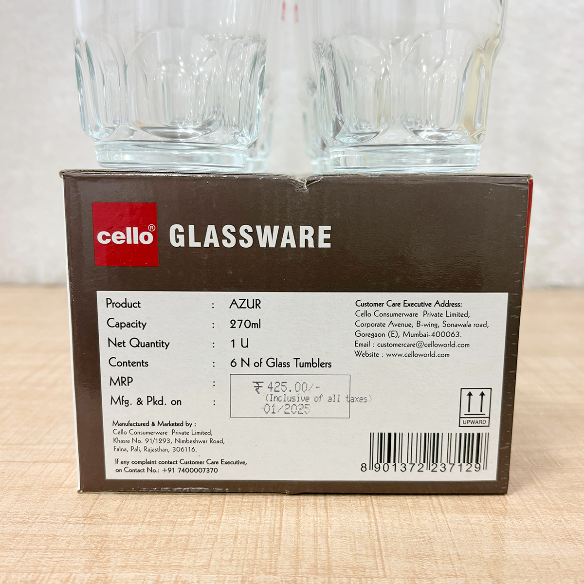 AM6556 Cello Azur P-Series Glass Tumbler Set, 270ml (Set of 6)