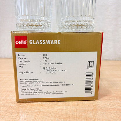 AM6564 Cello Rio K-Series Glass Tumbler Set, 275ml (Set of 6)