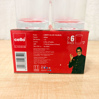 AM6602 Cello Liberty Glass Tumbler Set, 200ml (Set of 6)