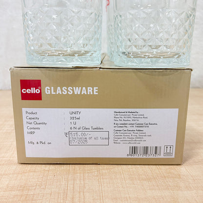 AM6586 Cello Unity K-Series Glass Tumbler Set, 325ml (Set of 6)