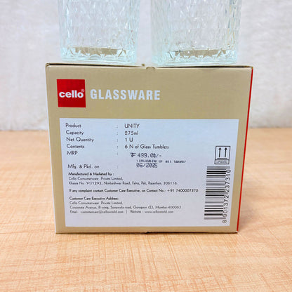 AM6570 Cello Unity K-Series Glass Tumbler Set (275ml, Set of 6)