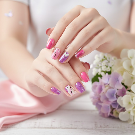 TM0167 Mix-Design Pink & Purple Heart Pattern Press-On Nail Set (12-Piece)