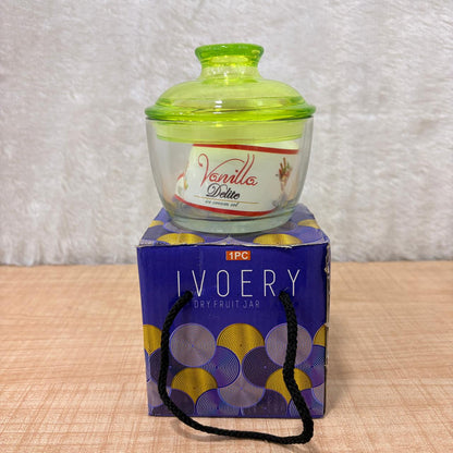 AM6911 Ivoery & Olivo Decorative Glass Dry Fruit & Candy Jar with Green Lid (1 Piece)