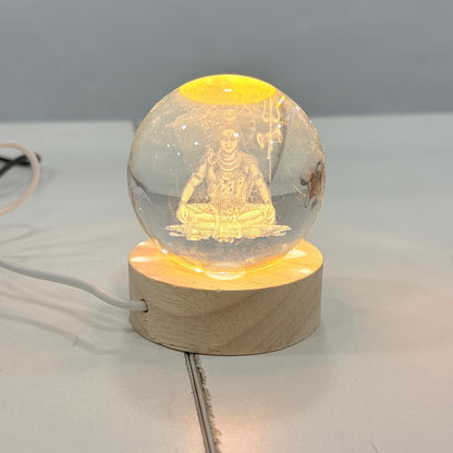 AM6924 3D Laser Engraved Lord Shiva Crystal Ball Night Light with Wooden LED Base