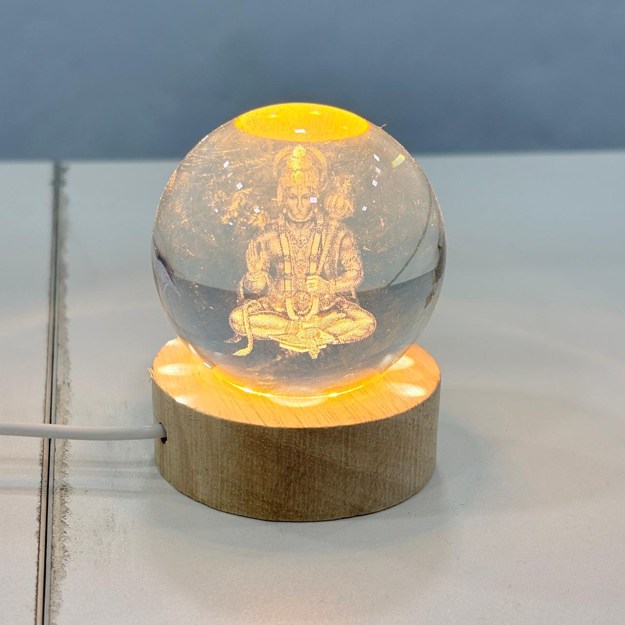 AM6925 3D Laser Engraved Lord Hanuman Crystal Ball Night Light with LED Wooden Base