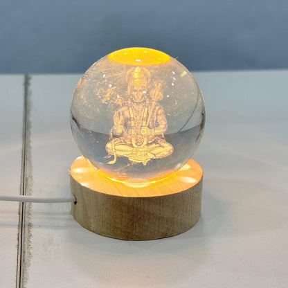 AM6925 3D Laser Engraved Lord Hanuman Crystal Ball Night Light with LED Wooden Base