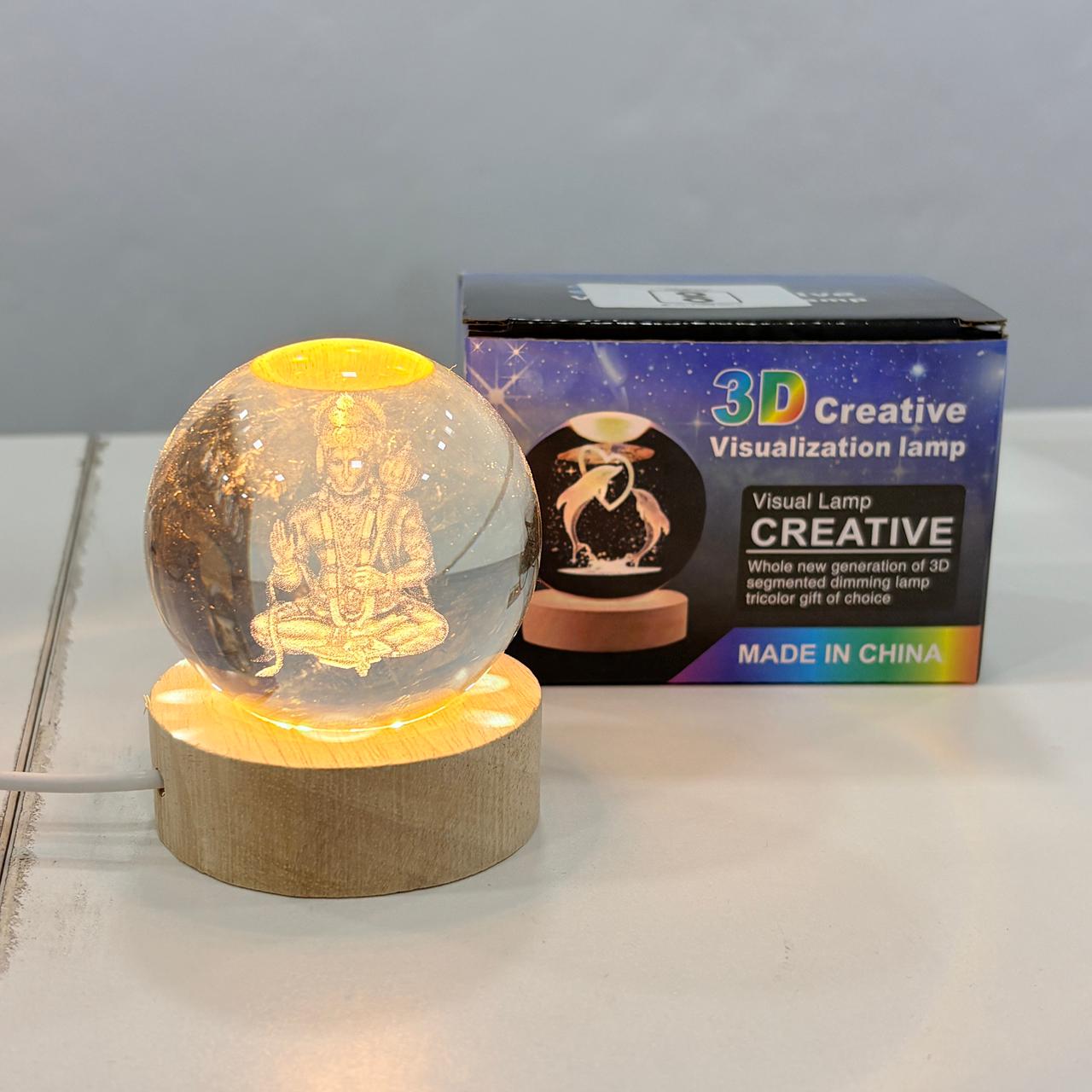 AM6925 3D Laser Engraved Lord Hanuman Crystal Ball Night Light with LED Wooden Base